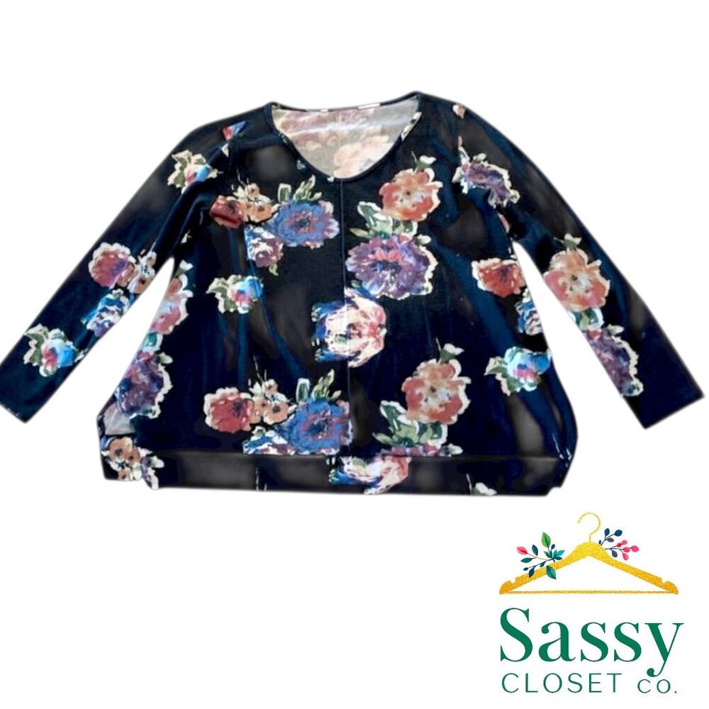 Soft Surroundings Black Floral V‑Neck Blouse Relaxed Fit Long Sleeve XS Made USA